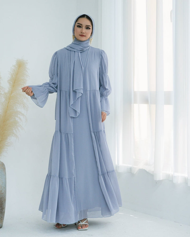 Get trendy with Sasha Chiffon 4-piece Abaya Set - Sky -  available at Voilee NY. Grab yours for $99.90 today!