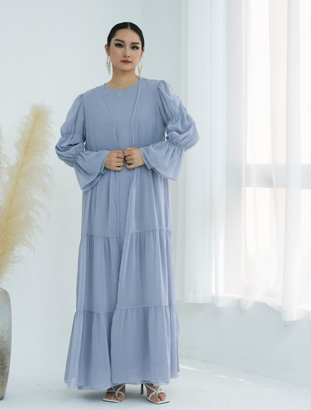 Get trendy with Sasha Chiffon 4-piece Abaya Set - Sky -  available at Voilee NY. Grab yours for $99.90 today!