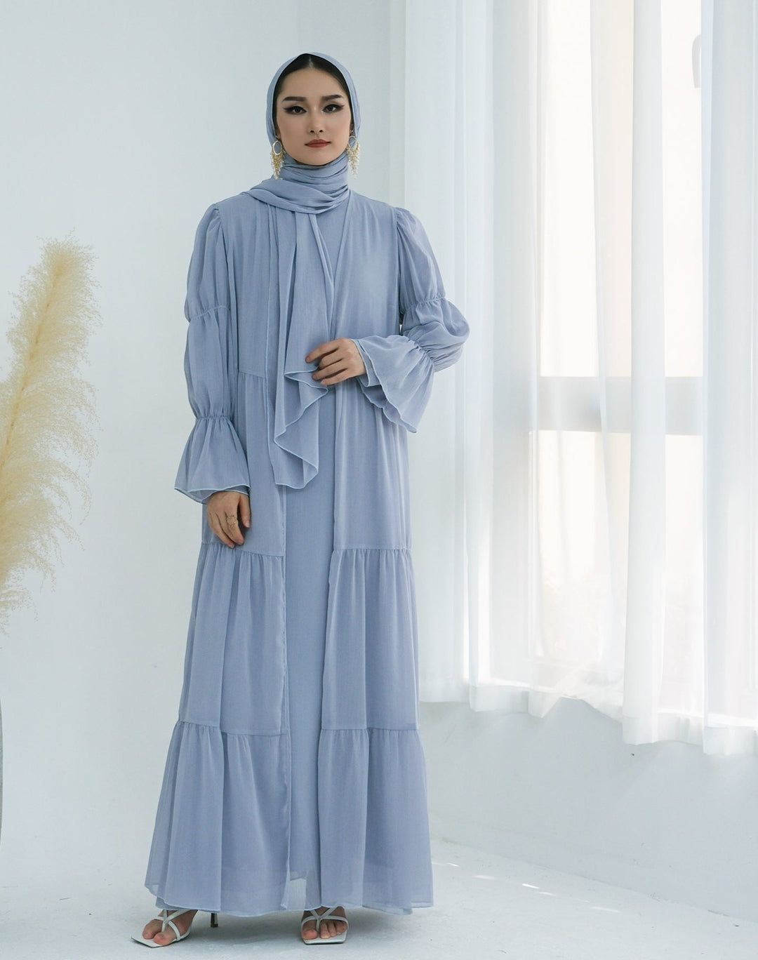 Get trendy with Sasha Chiffon 4-piece Abaya Set - Sky -  available at Voilee NY. Grab yours for $99.90 today!