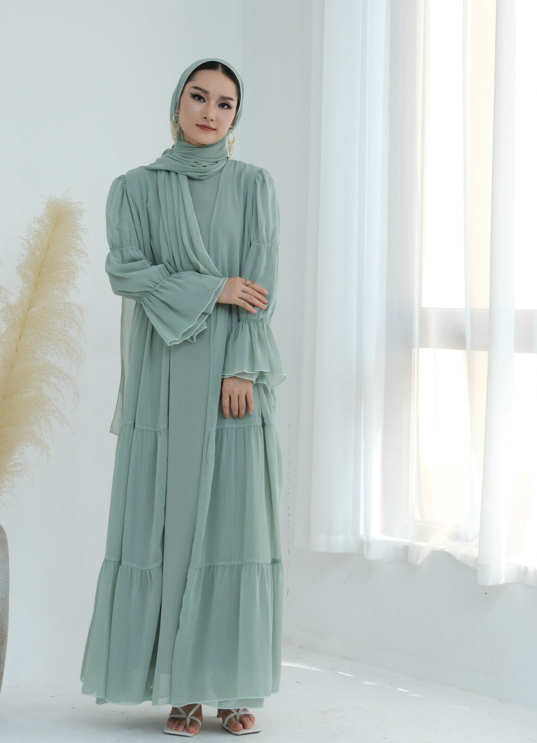 Get trendy with Sasha Chiffon 4-piece Abaya Set - Sage -  available at Voilee NY. Grab yours for $99.90 today!