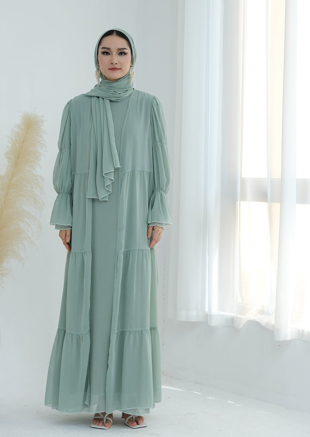 Get trendy with Sasha Chiffon 4-piece Abaya Set - Sage -  available at Voilee NY. Grab yours for $99.90 today!