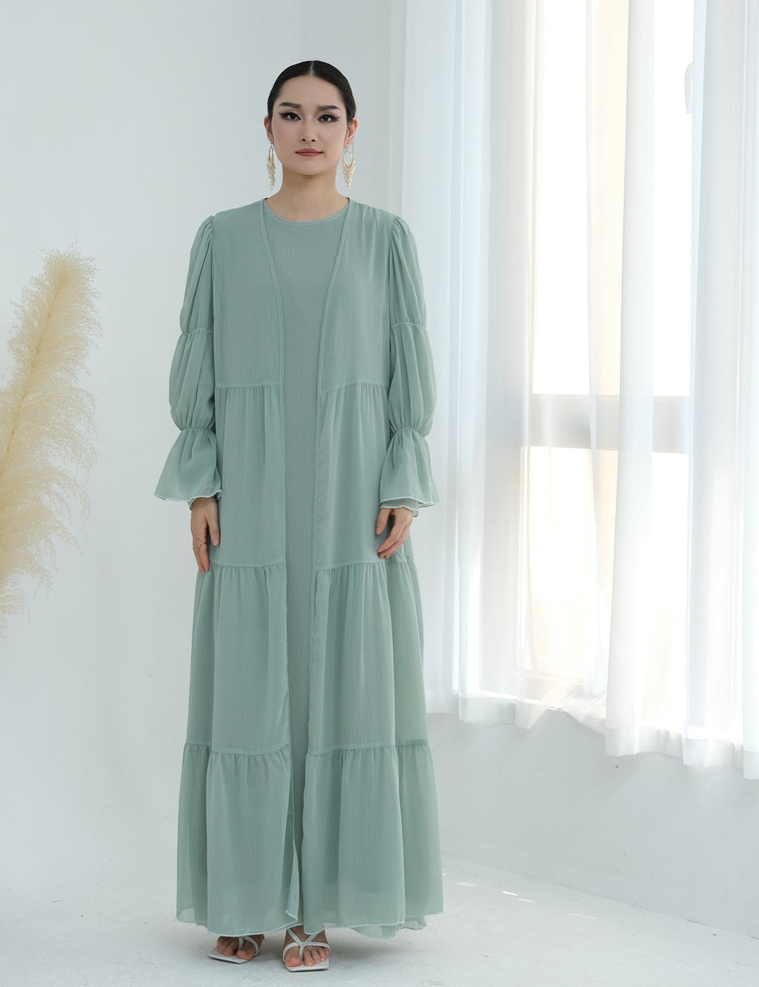 Get trendy with Sasha Chiffon 4-piece Abaya Set - Sage -  available at Voilee NY. Grab yours for $99.90 today!