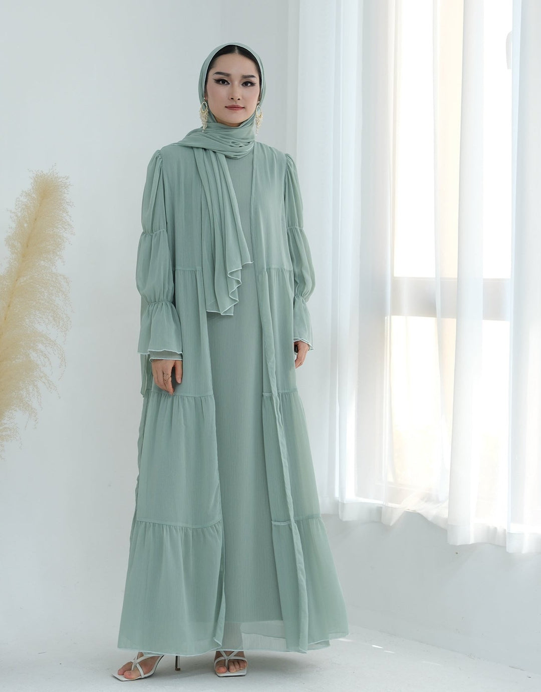 Get trendy with Sasha Chiffon 4-piece Abaya Set - Sage -  available at Voilee NY. Grab yours for $99.90 today!