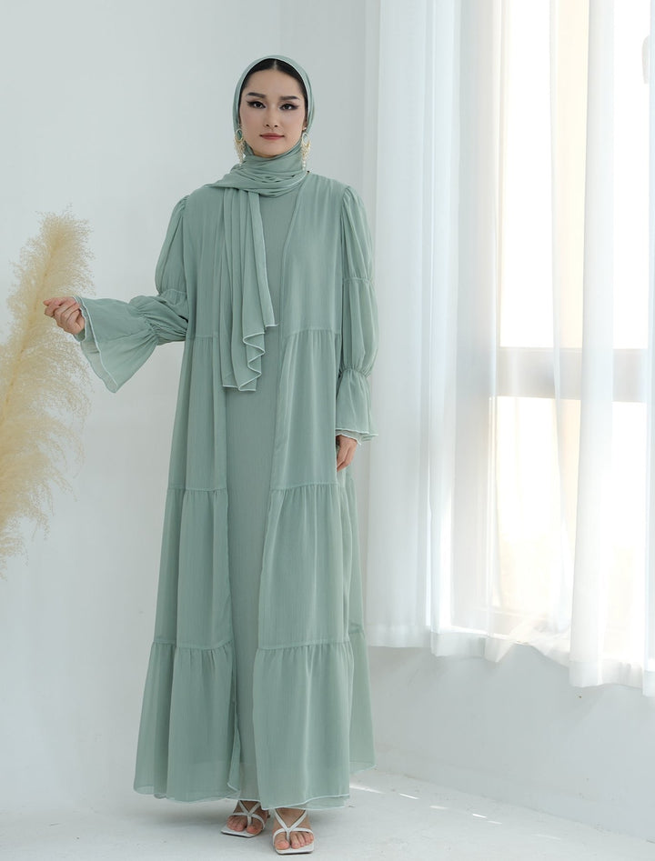 Get trendy with Sasha Chiffon 4-piece Abaya Set - Sage -  available at Voilee NY. Grab yours for $99.90 today!