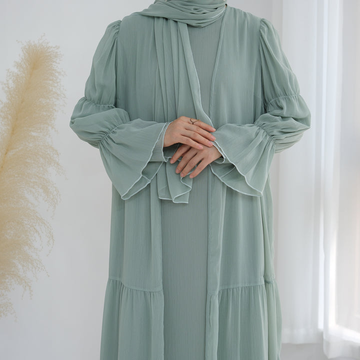 Get trendy with Sasha Chiffon 4-piece Abaya Set - Sage -  available at Voilee NY. Grab yours for $99.90 today!