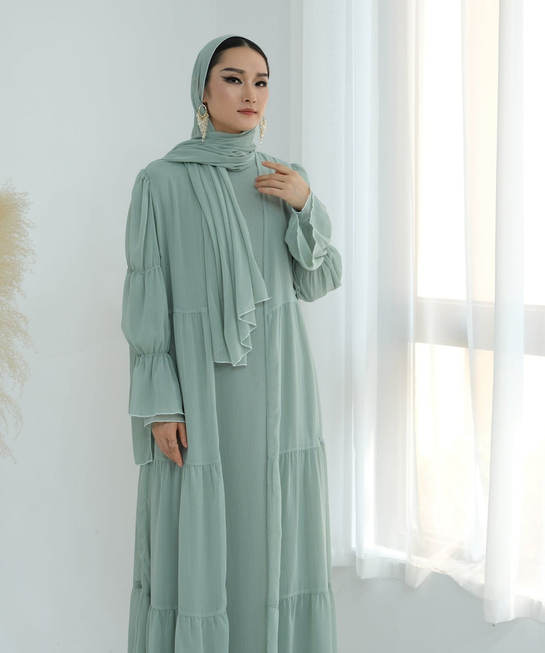 Get trendy with Sasha Chiffon 4-piece Abaya Set - Sage -  available at Voilee NY. Grab yours for $99.90 today!