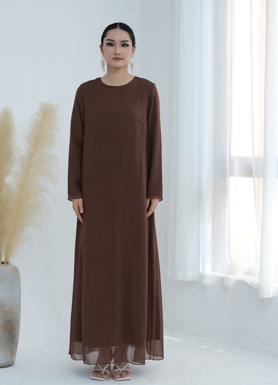 Get trendy with Sasha Chiffon 4-piece Abaya Set - Brown -  available at Voilee NY. Grab yours for $99.90 today!