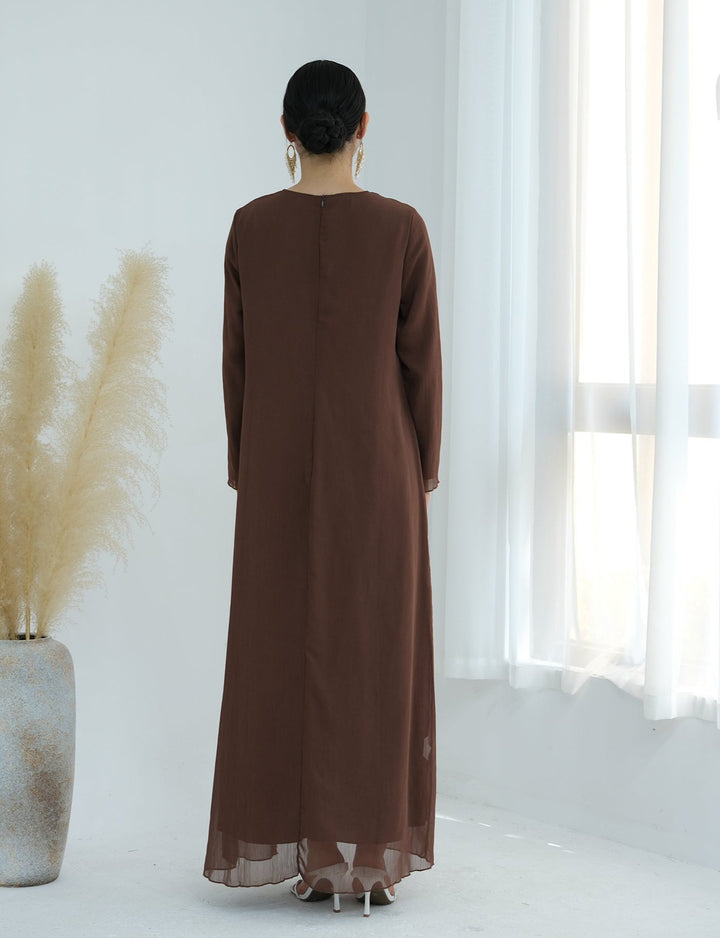 Get trendy with Sasha Chiffon 4-piece Abaya Set - Brown -  available at Voilee NY. Grab yours for $99.90 today!