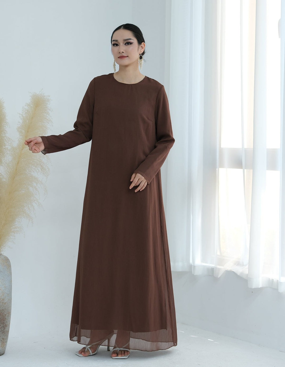 Get trendy with Sasha Chiffon 4-piece Abaya Set - Brown -  available at Voilee NY. Grab yours for $99.90 today!