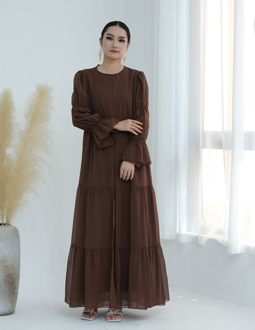 Get trendy with Sasha Chiffon 4-piece Abaya Set - Brown -  available at Voilee NY. Grab yours for $99.90 today!