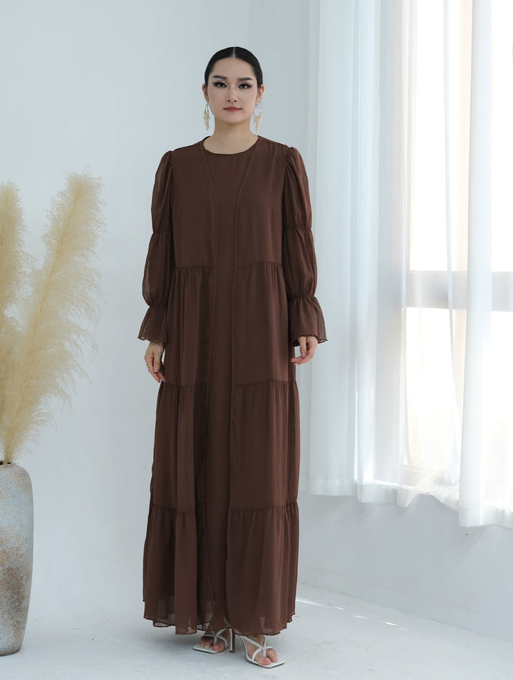 Get trendy with Sasha Chiffon 4-piece Abaya Set - Brown -  available at Voilee NY. Grab yours for $99.90 today!