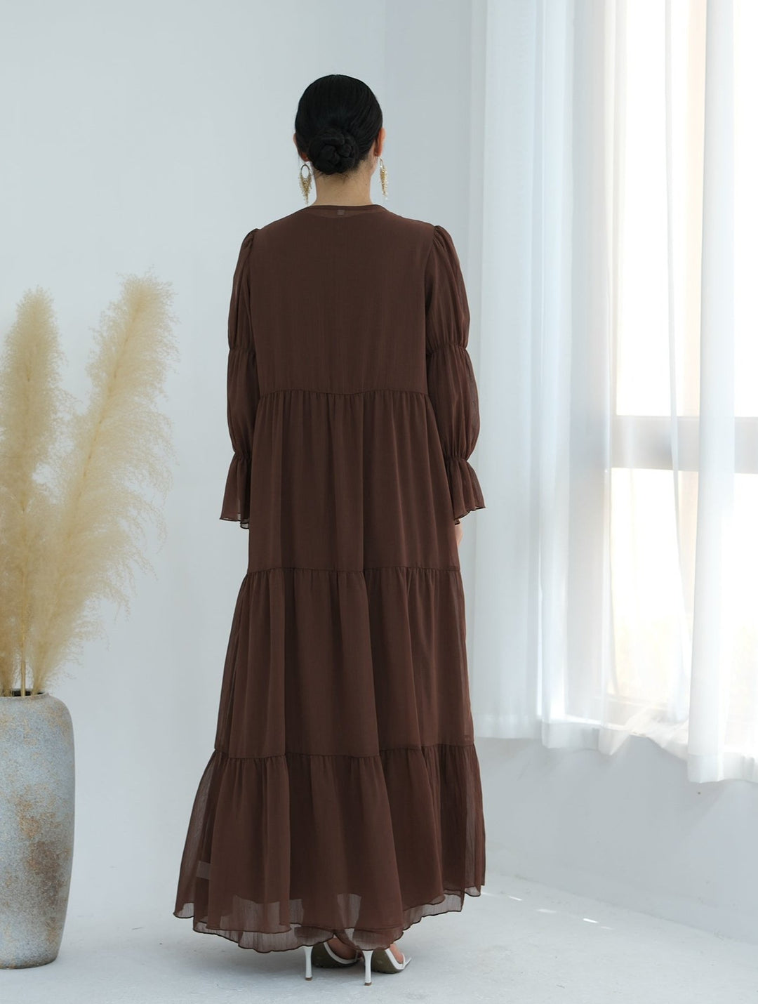 Get trendy with Sasha Chiffon 4-piece Abaya Set - Brown -  available at Voilee NY. Grab yours for $99.90 today!