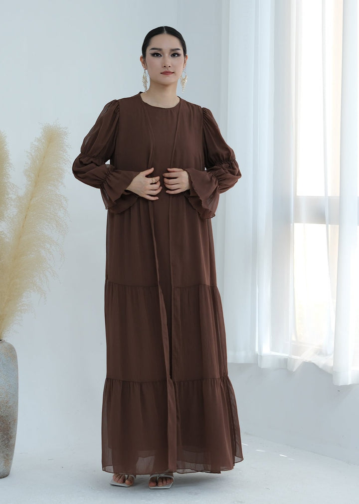 Get trendy with Sasha Chiffon 4-piece Abaya Set - Brown -  available at Voilee NY. Grab yours for $99.90 today!