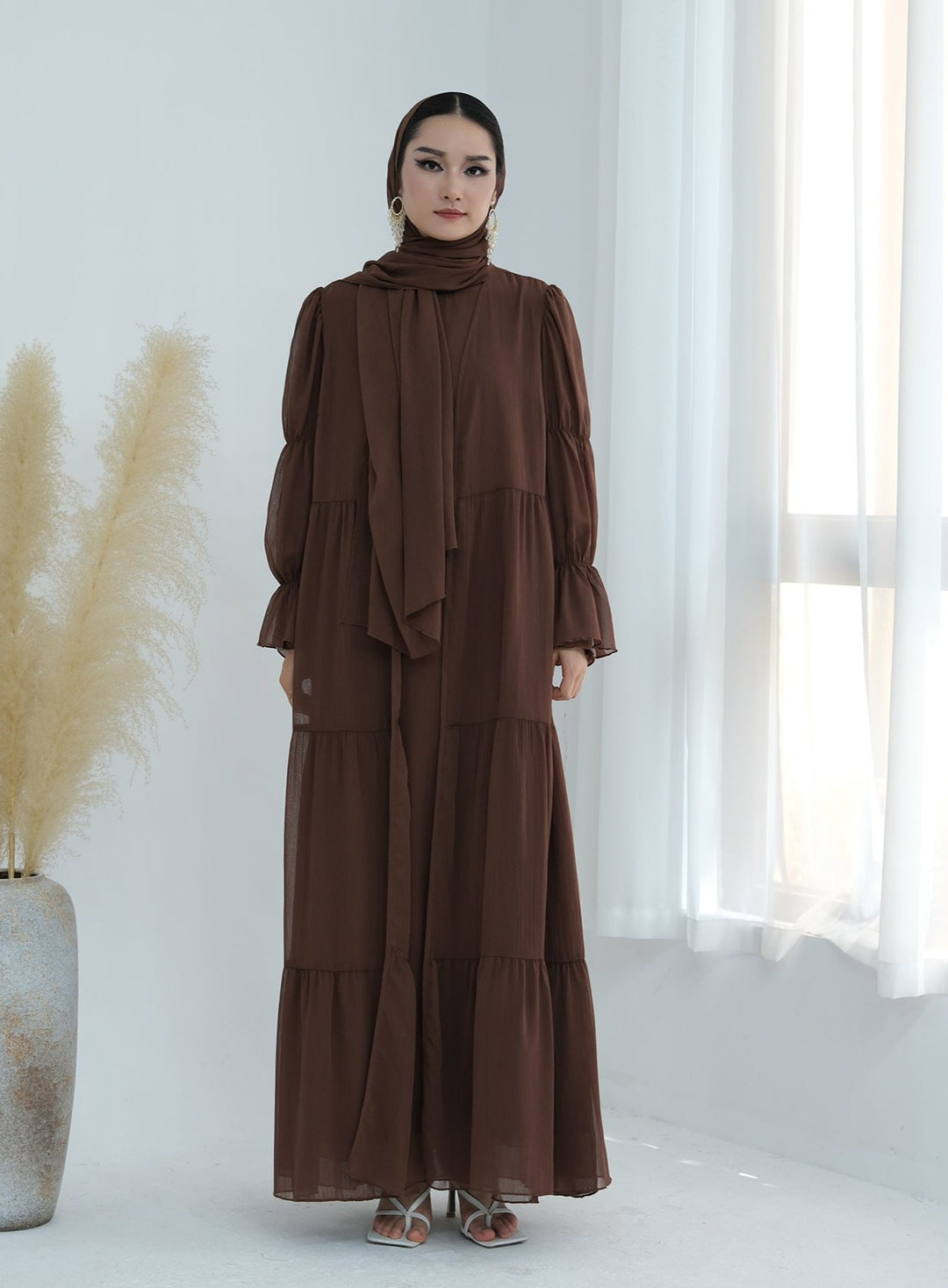 Get trendy with Sasha Chiffon 4-piece Abaya Set - Brown -  available at Voilee NY. Grab yours for $99.90 today!