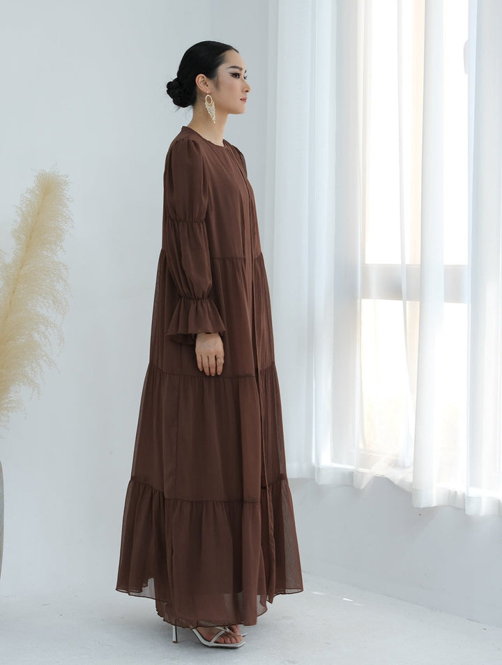 Get trendy with Sasha Chiffon 4-piece Abaya Set - Brown -  available at Voilee NY. Grab yours for $99.90 today!