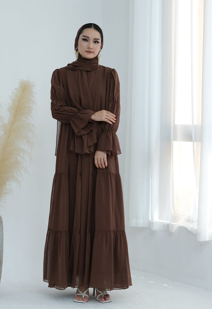 Get trendy with Sasha Chiffon 4-piece Abaya Set - Brown -  available at Voilee NY. Grab yours for $99.90 today!