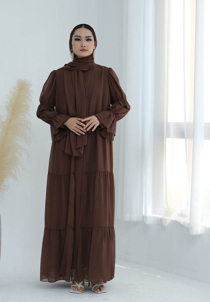 Get trendy with Sasha Chiffon 4-piece Abaya Set - Brown -  available at Voilee NY. Grab yours for $99.90 today!