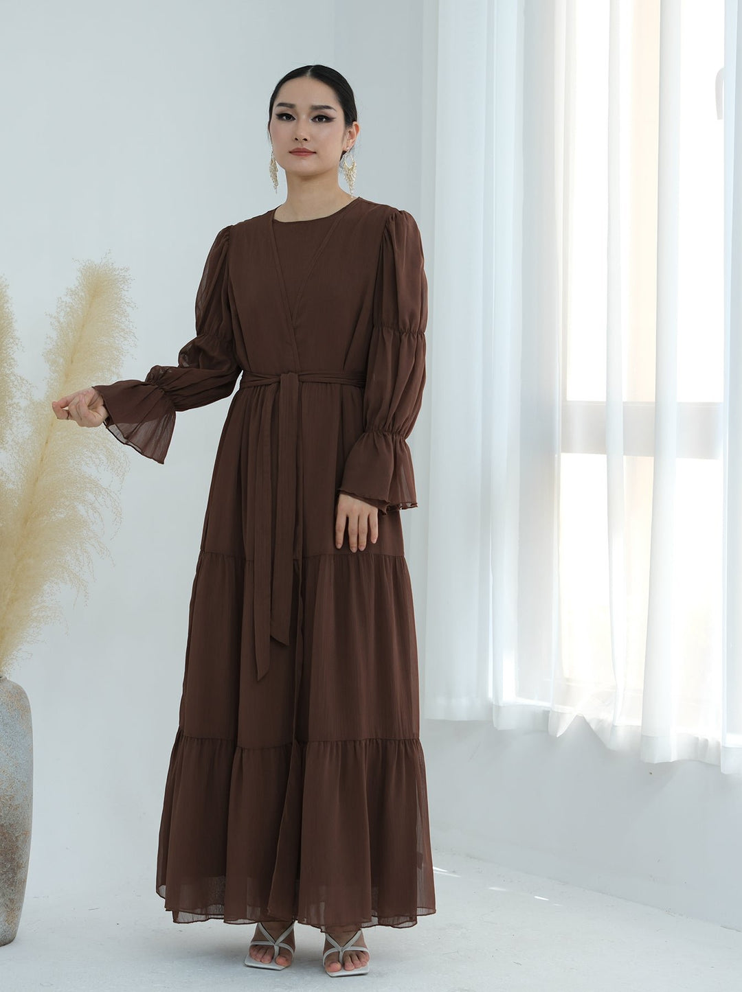 Get trendy with Sasha Chiffon 4-piece Abaya Set - Brown -  available at Voilee NY. Grab yours for $99.90 today!