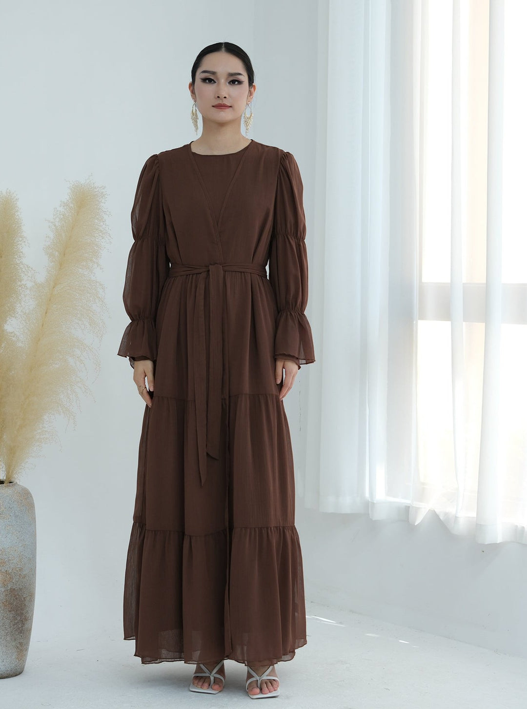 Get trendy with Sasha Chiffon 4-piece Abaya Set - Brown -  available at Voilee NY. Grab yours for $99.90 today!