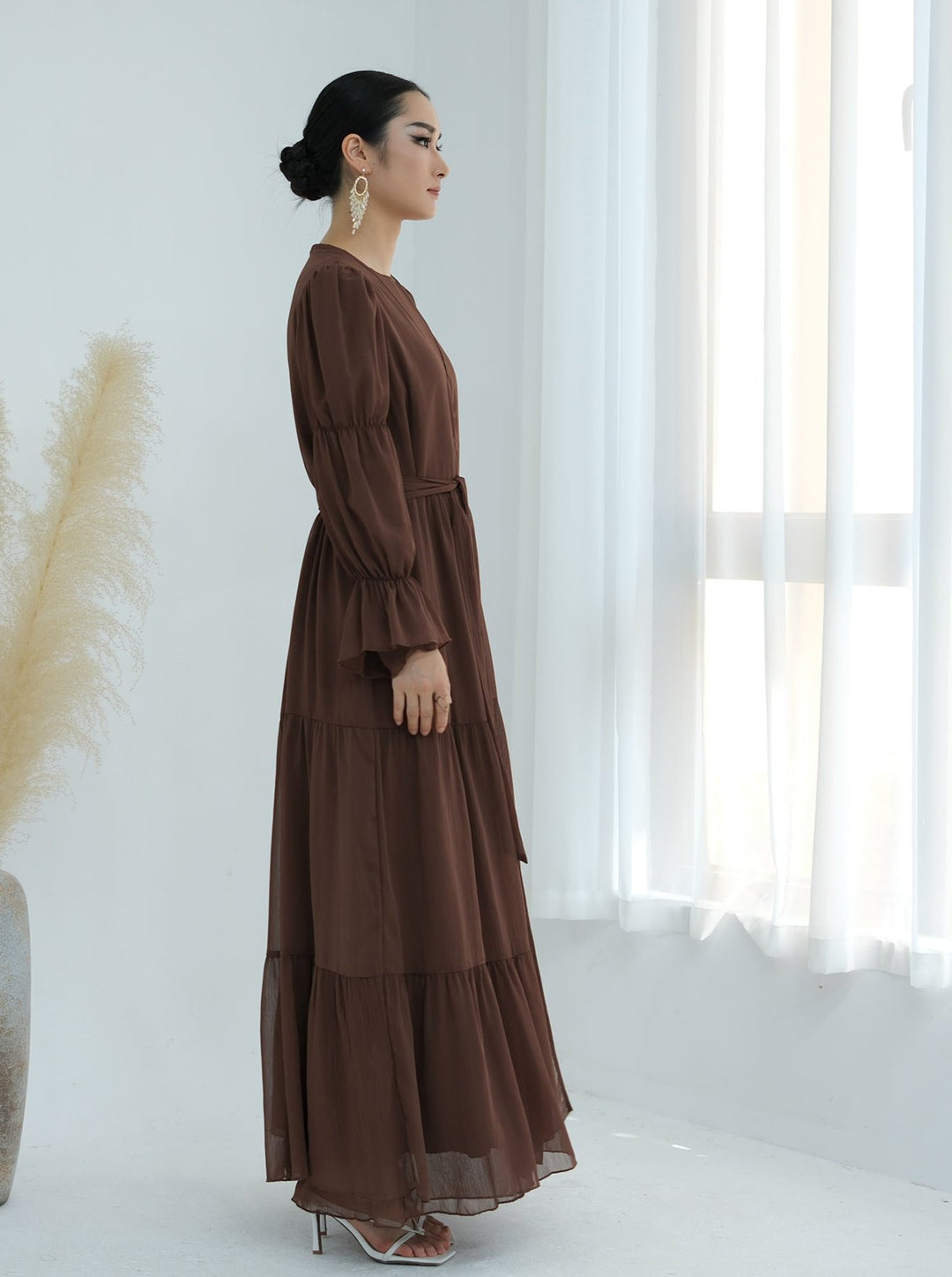 Get trendy with Sasha Chiffon 4-piece Abaya Set - Brown -  available at Voilee NY. Grab yours for $99.90 today!