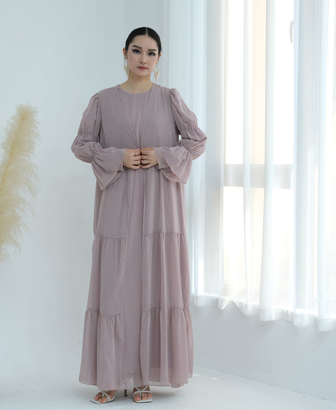 Get trendy with Sasha Chiffon 4-piece Abaya Set - Blush -  available at Voilee NY. Grab yours for $99.90 today!