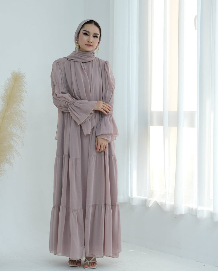 Get trendy with Sasha Chiffon 4-piece Abaya Set - Blush -  available at Voilee NY. Grab yours for $99.90 today!