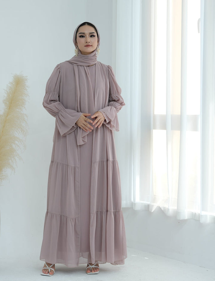 Get trendy with Sasha Chiffon 4-piece Abaya Set - Blush -  available at Voilee NY. Grab yours for $99.90 today!