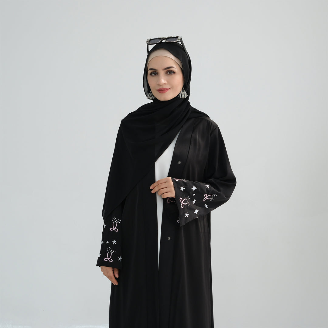 Get trendy with Pershal Kimono Open Abaya - Black - Cardigan available at Voilee NY. Grab yours for $47.90 today!