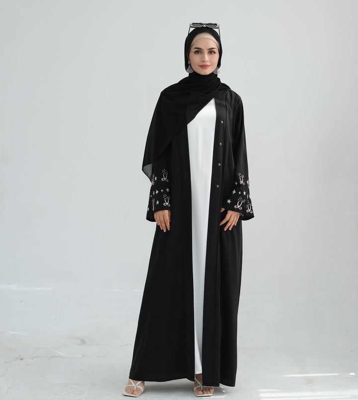 Get trendy with Pershal Kimono Open Abaya - Black - Cardigan available at Voilee NY. Grab yours for $47.90 today!