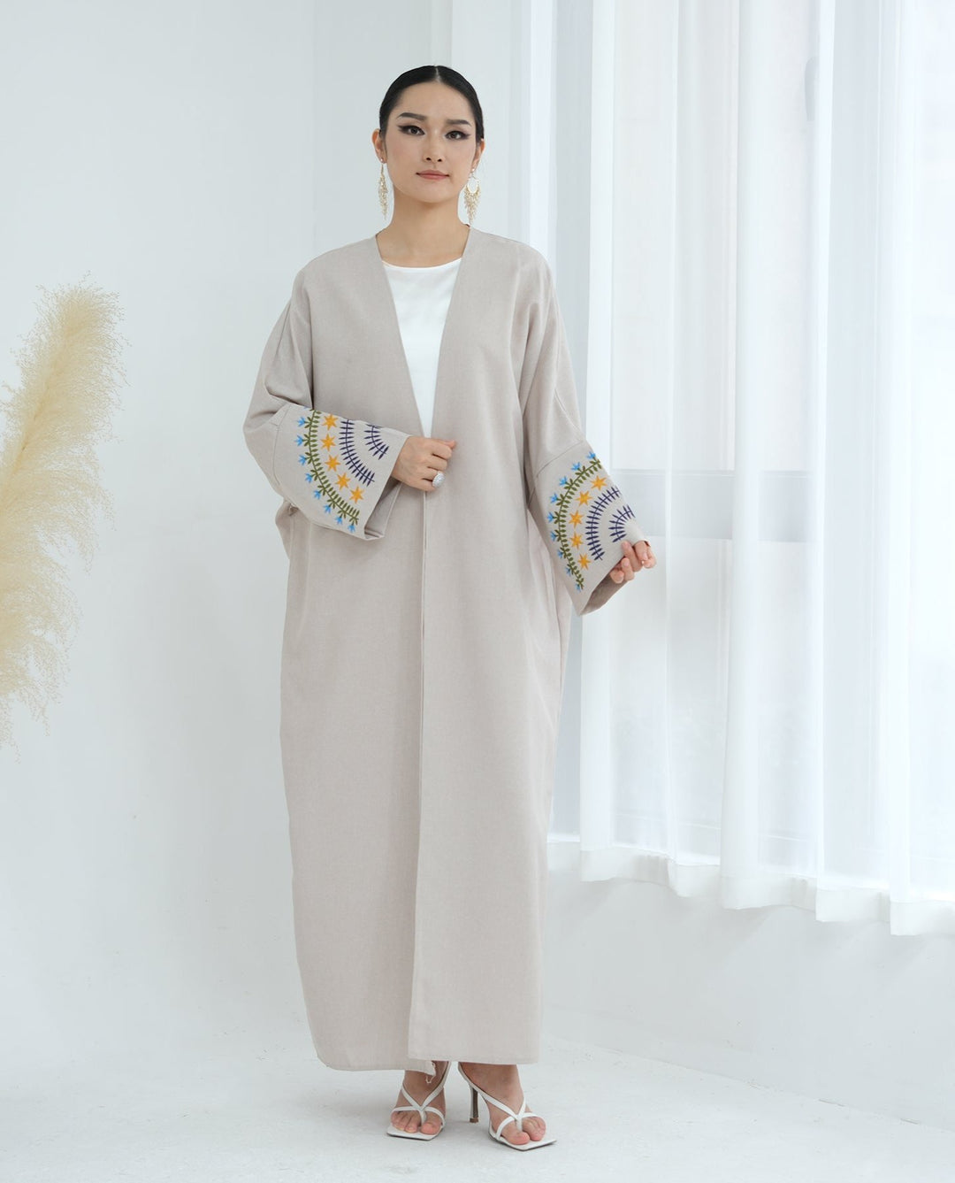 Get trendy with Carin Embroidered Kimono Duster - Sand - Cardigan available at Voilee NY. Grab yours for $59.90 today!