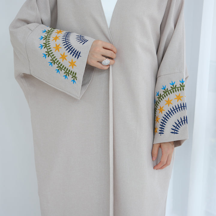 Get trendy with Carin Embroidered Kimono Duster - Sand - Cardigan available at Voilee NY. Grab yours for $59.90 today!