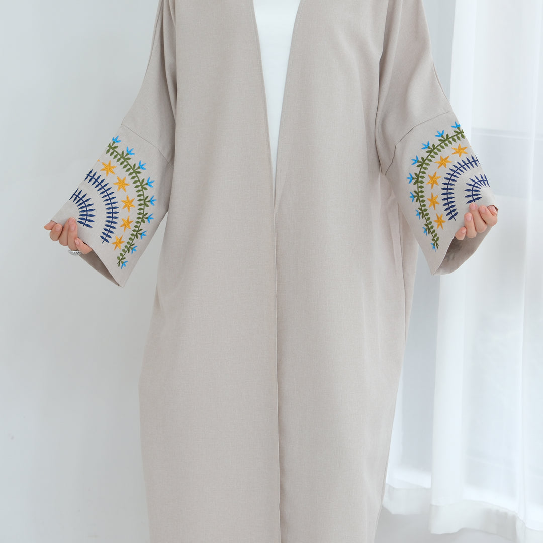 Get trendy with Carin Embroidered Kimono Duster - Sand - Cardigan available at Voilee NY. Grab yours for $59.90 today!