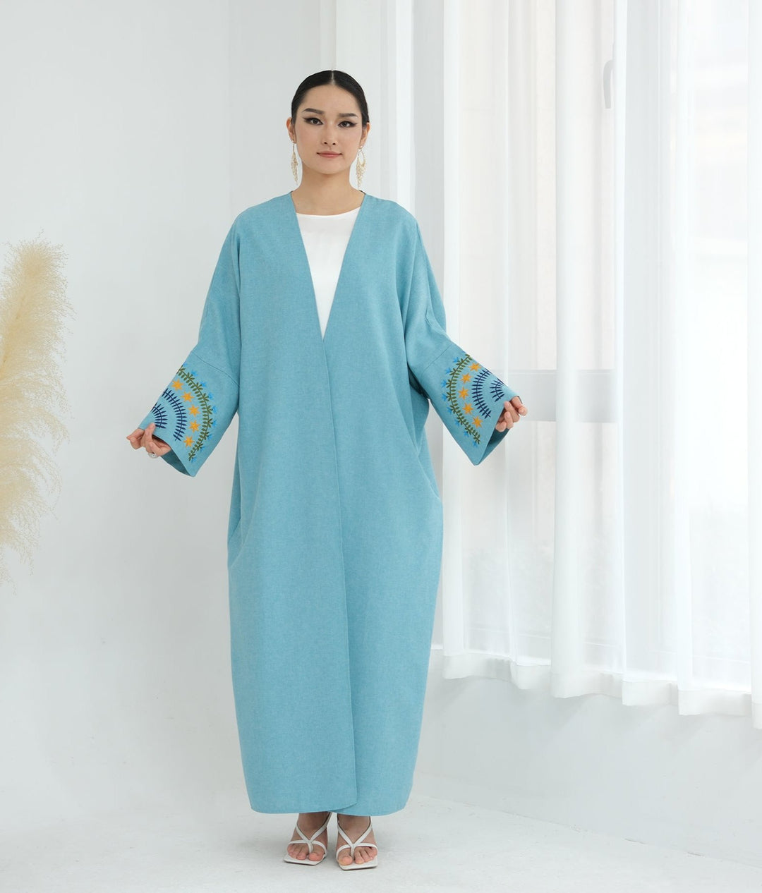 Get trendy with Carin Embroidered Kimono Duster - Duck Blue - Cardigan available at Voilee NY. Grab yours for $59.90 today!