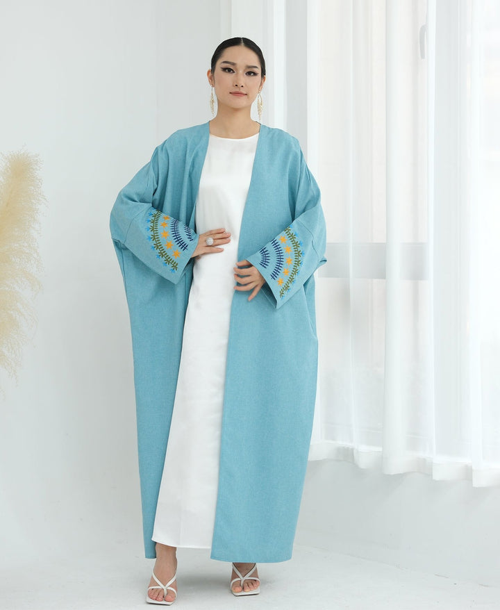 Get trendy with Carin Embroidered Kimono Duster - Duck Blue - Cardigan available at Voilee NY. Grab yours for $59.90 today!