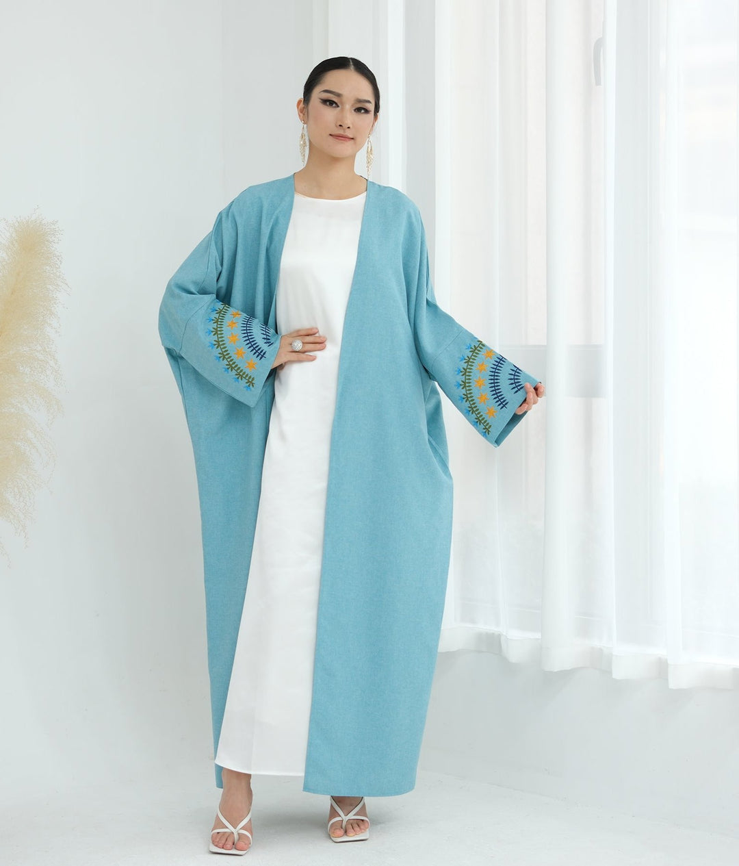 Get trendy with Carin Embroidered Kimono Duster - Duck Blue - Cardigan available at Voilee NY. Grab yours for $59.90 today!