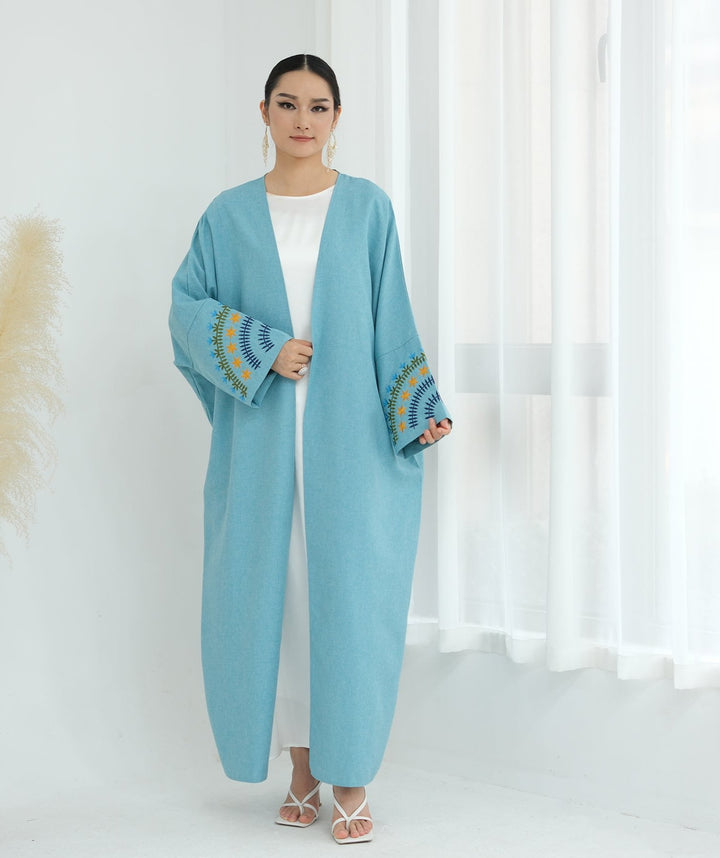 Get trendy with Carin Embroidered Kimono Duster - Duck Blue - Cardigan available at Voilee NY. Grab yours for $59.90 today!