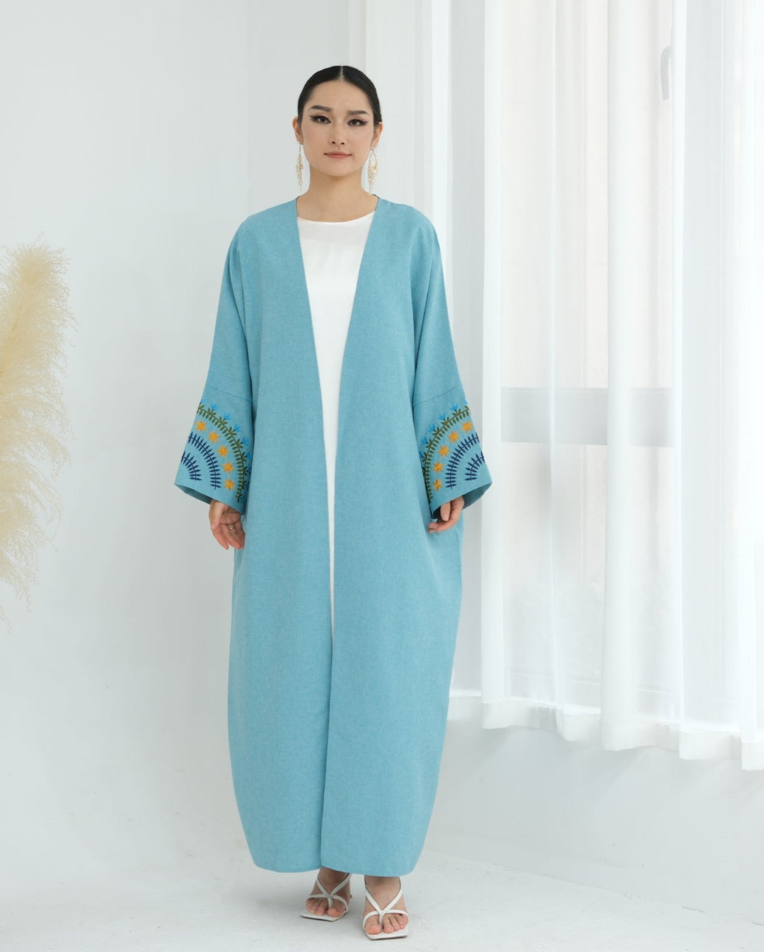 Get trendy with Carin Embroidered Kimono Duster - Duck Blue - Cardigan available at Voilee NY. Grab yours for $59.90 today!