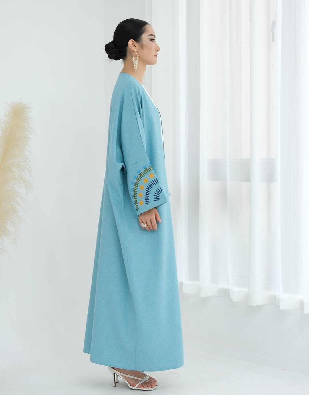 Get trendy with Carin Embroidered Kimono Duster - Duck Blue - Cardigan available at Voilee NY. Grab yours for $59.90 today!