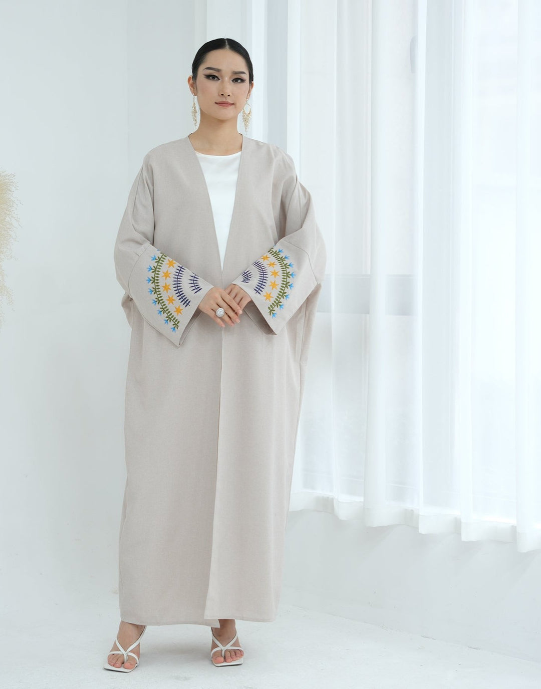 Get trendy with Carin Embroidered Kimono Duster - Sand - Cardigan available at Voilee NY. Grab yours for $59.90 today!