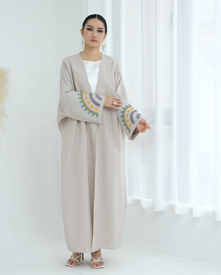 Get trendy with Carin Embroidered Kimono Duster - Sand - Cardigan available at Voilee NY. Grab yours for $59.90 today!