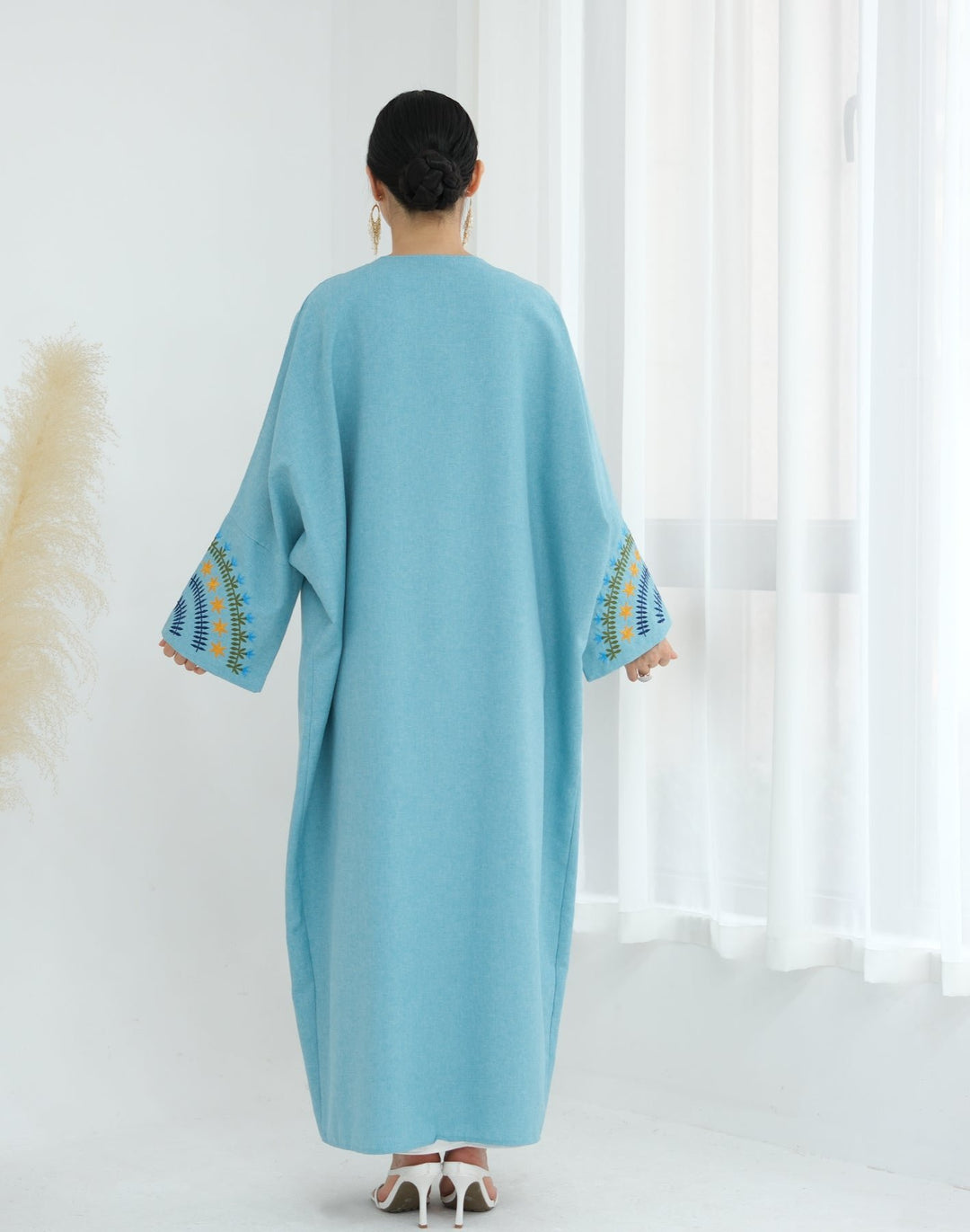 Get trendy with Carin Embroidered Kimono Duster - Duck Blue - Cardigan available at Voilee NY. Grab yours for $59.90 today!