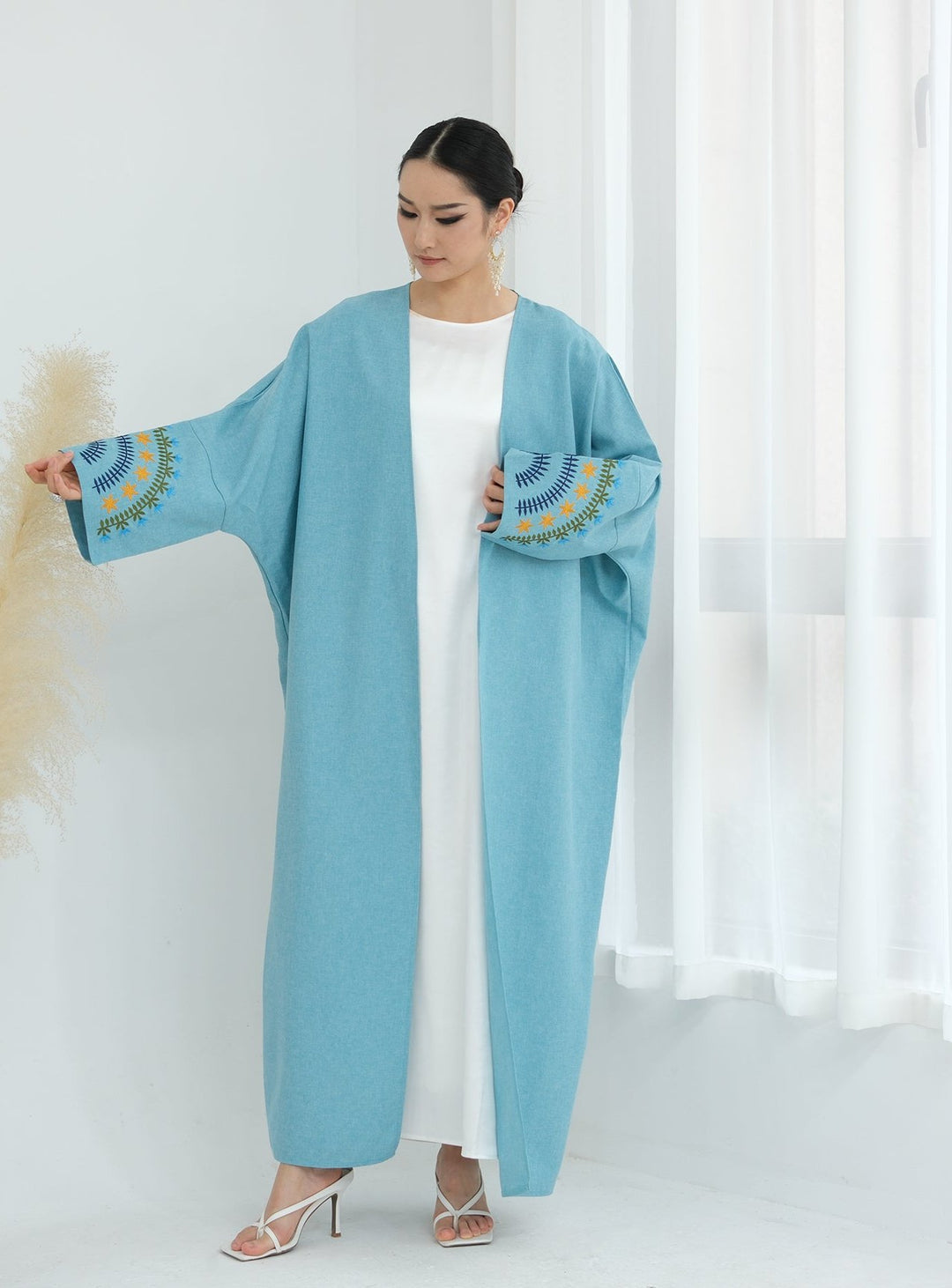 Get trendy with Carin Embroidered Kimono Duster - Duck Blue - Cardigan available at Voilee NY. Grab yours for $59.90 today!