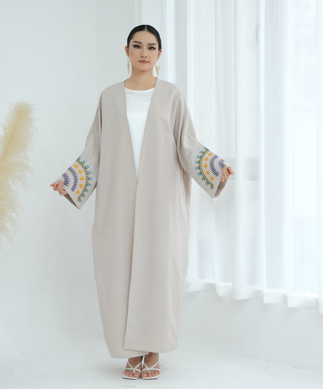 Get trendy with Carin Embroidered Kimono Duster - Sand - Cardigan available at Voilee NY. Grab yours for $59.90 today!