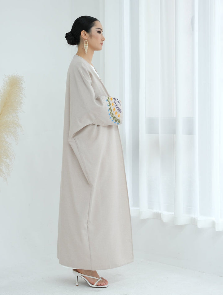 Get trendy with Carin Embroidered Kimono Duster - Sand - Cardigan available at Voilee NY. Grab yours for $59.90 today!