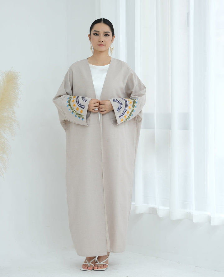 Get trendy with Carin Embroidered Kimono Duster - Sand - Cardigan available at Voilee NY. Grab yours for $59.90 today!