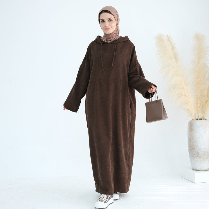 Get trendy with Willa Tweed Hoodie Abaya - Brown -  available at Voilee NY. Grab yours for $64.90 today!