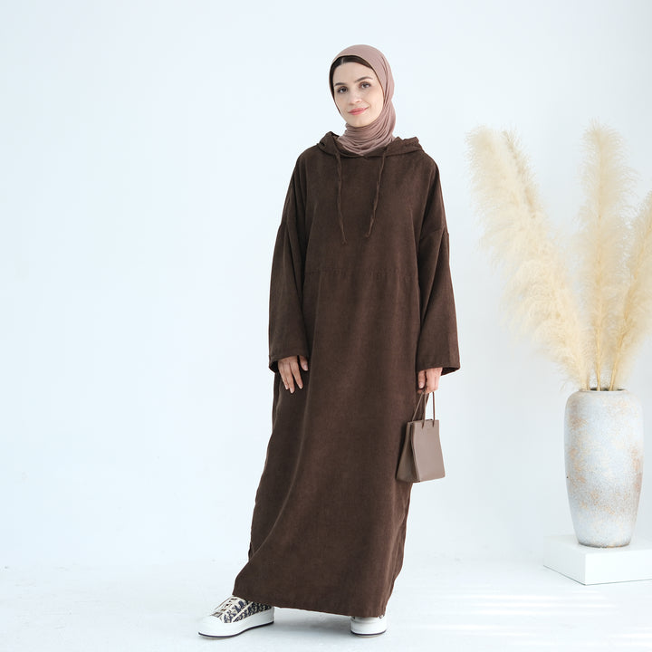 Get trendy with Willa Tweed Hoodie Abaya - Brown -  available at Voilee NY. Grab yours for $64.90 today!