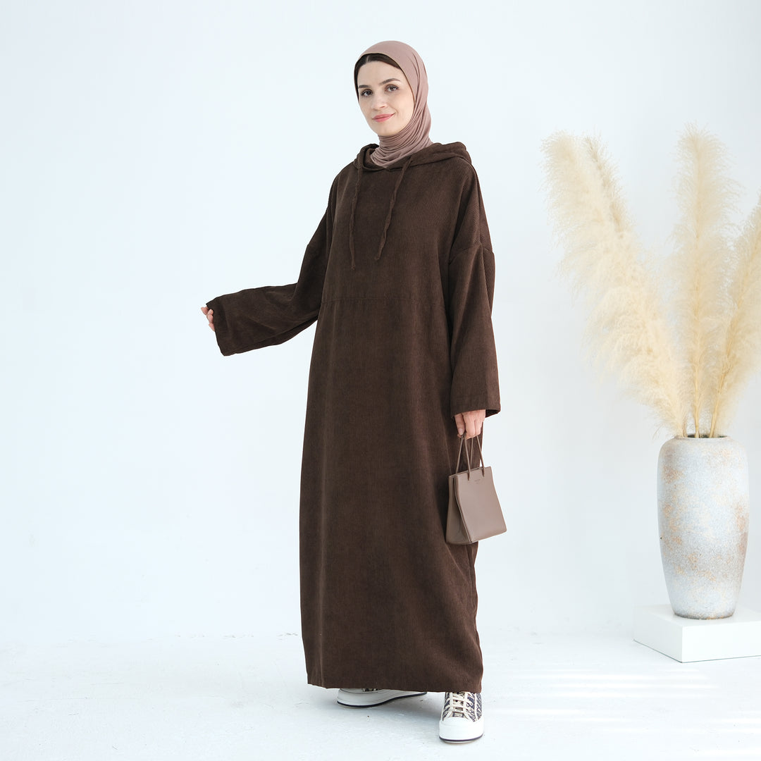 Get trendy with Willa Tweed Hoodie Abaya - Brown -  available at Voilee NY. Grab yours for $64.90 today!