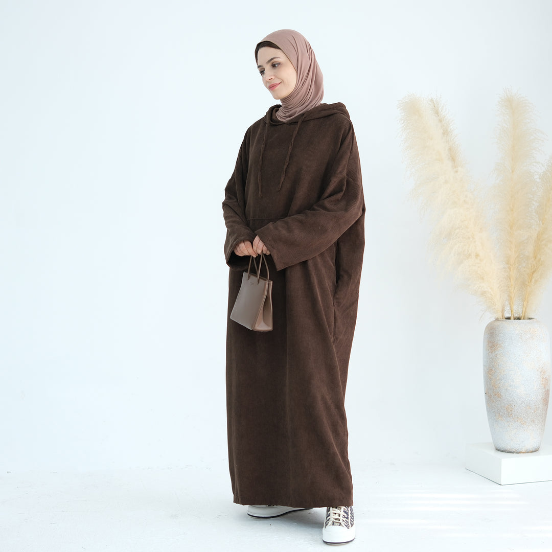 Get trendy with Willa Tweed Hoodie Abaya - Brown -  available at Voilee NY. Grab yours for $64.90 today!