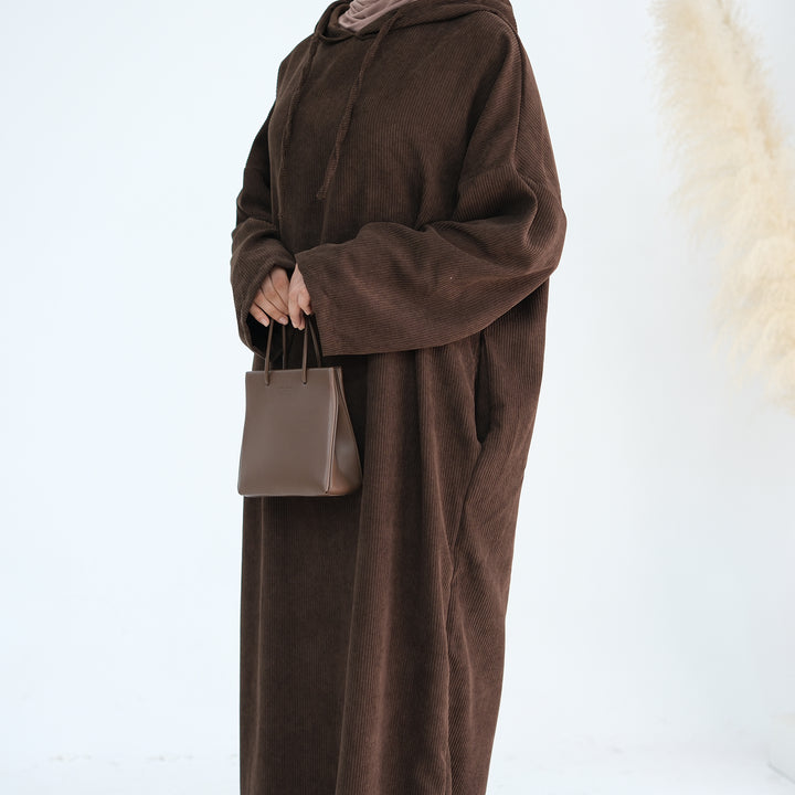 Get trendy with Willa Tweed Hoodie Abaya - Brown -  available at Voilee NY. Grab yours for $64.90 today!